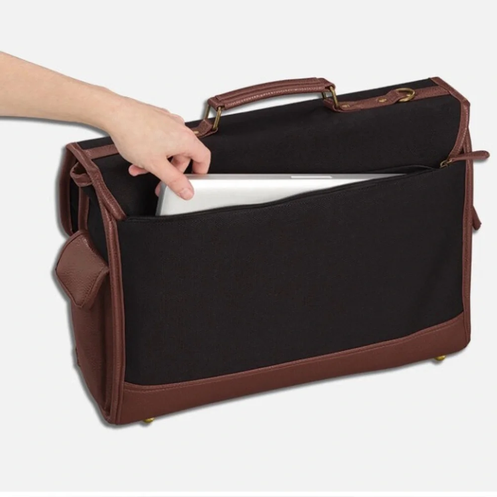 The Ultimate Messenger Bag Black Brown Canvas Faux Leather Trim Preppy Business